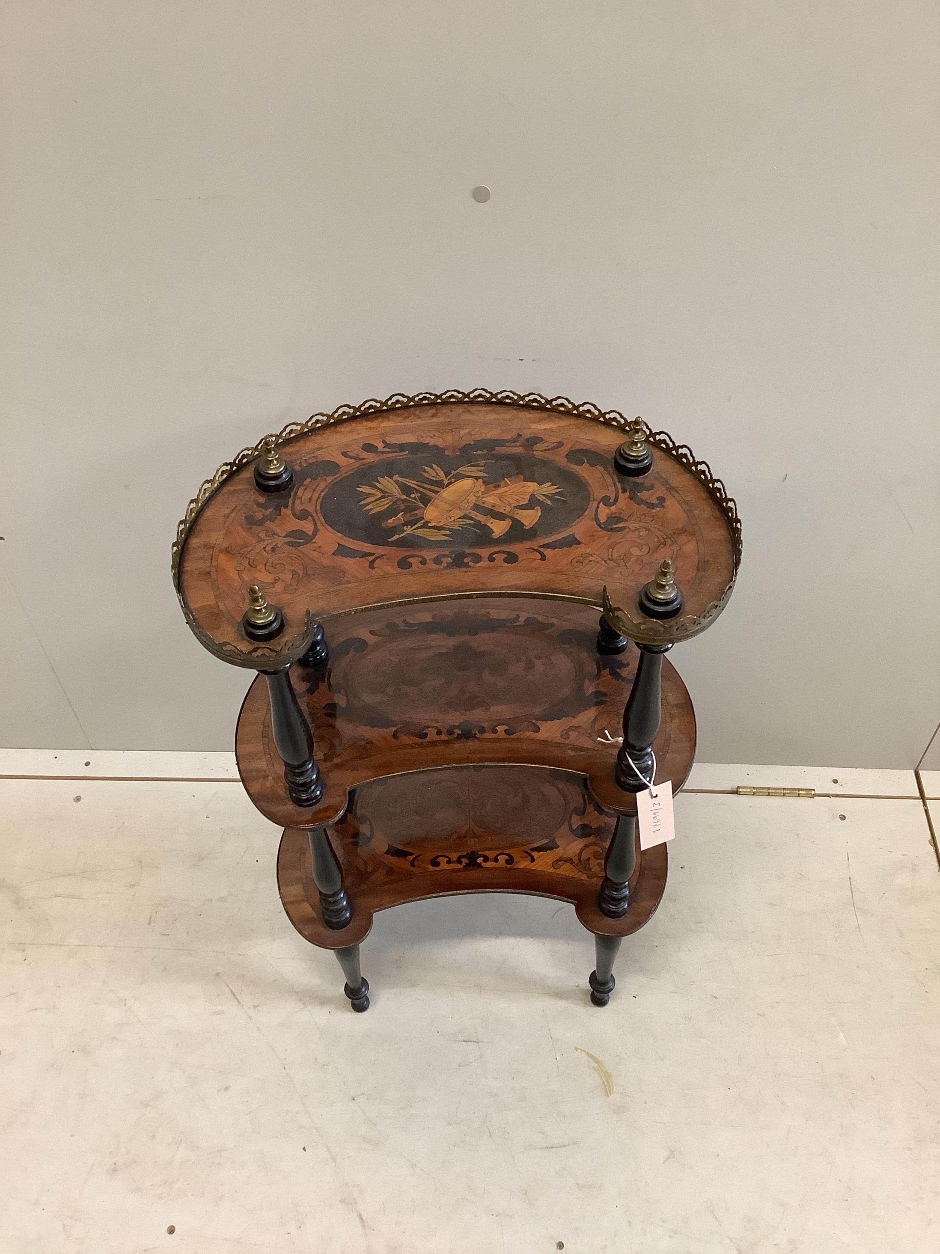 An early 20th century French marquetry inlaid three tier etagere, width 45cm, depth 26cm, height 81cm together with a reproduction marquetry inlaid kingwood side table. Condition - fair